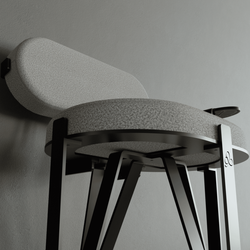 Fauteuil hommage avec structure en acier noir et tissu en laine gris clair