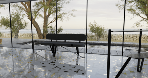 Banquette 3 places de la gamme hommage dans villa avec piscine. Structure en acier thermolaque texture fine noir et tissu en laine grise