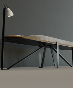 Banc de la gamme hommage avec plateau bois et lampe en porcelaine biscuit. Structure en acier thermolaqué texture fine noir