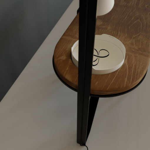 Zoom sur le plateau blanc de la table basse ovale hommage avec option plateau bois et option lampe en porcelaine biscuit