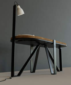 Table basse ovale de la collection hommage avec plateau bois et lampe en porcelaine biscuit. Piétement en acier thermolaqué texture fine noir