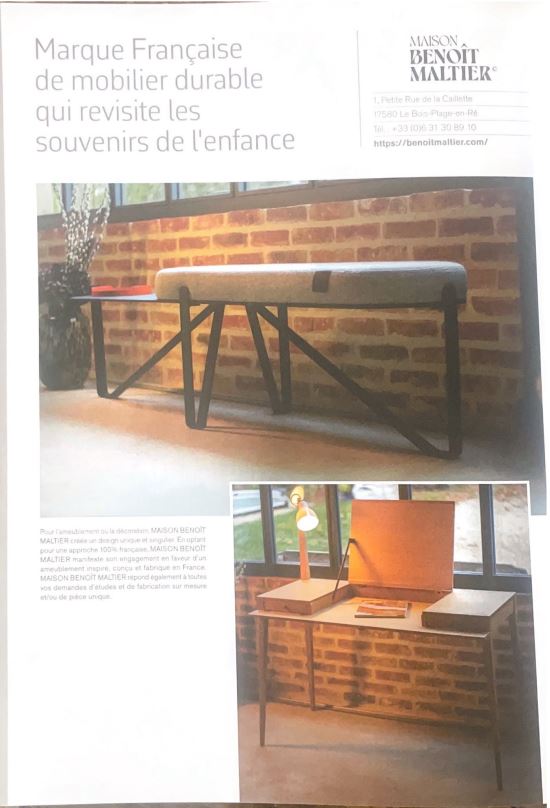 Article du magasine Architecture Crée faisant référence au mobilier de la MAISON BENOÎT MALTIER et notamment le bureau inspiré des cabanes à carrelet