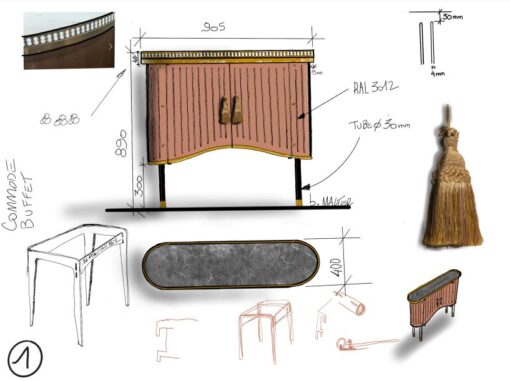 Croquis du buffet design - meuble dessiné et edité par maison benoit maltier