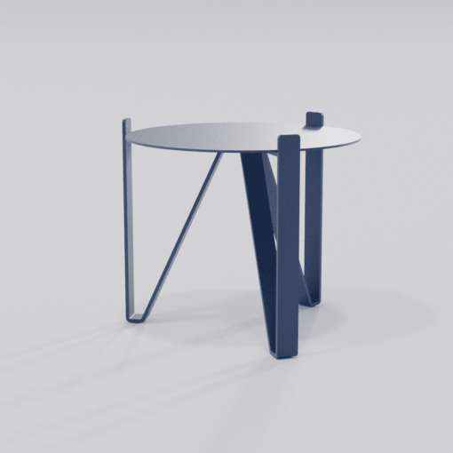 Table basse bleue de diamètre 500 mm vue de biais