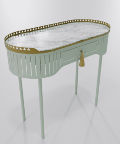 Bureau console vert pastel de la collection Louis Truc avec plateau marbre vue de gauche