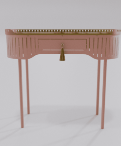 Bureau console Louis Truc rose avec finition dorée et pompon vue de face
