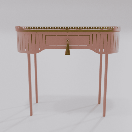 Bureau console Louis Truc rose avec finition dorée et pompon vue de face