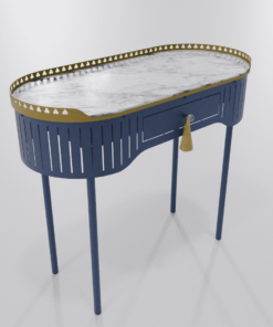 Bureau console bleu saphir avec plateau marbre, finitions dorées et pompon de la collection Louis Truc vue de gauche