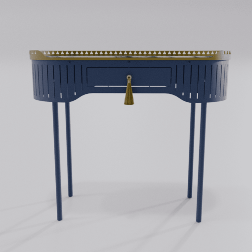 Bureau console bleu saphir avec finitions dorées et pompon de la collection Louis Truc vue de face