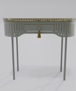 Bureau console gris soie de la collection Louis Truc avec finition dorée et pompon, vue de face