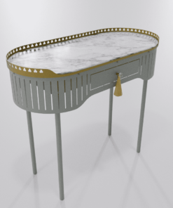 Bureau console gris soie de la collection Louis Truc avec plateau marbre et finition dorée vue gauche