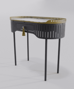 Bureau console noire de la collection Louis Truc avec frise dorée et pompon vue de droite