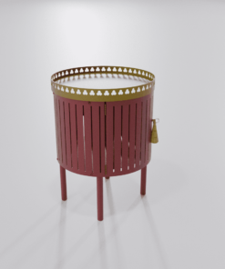 Chevet moderne rouge marron avec finition dorée et pompon vue de gauche