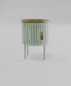 Chevet moderne vert pastel vue de face avec finition dorée et pompon, collection Louis Truc