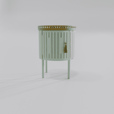 Chevet moderne vert pastel vue de face avec finition dorée et pompon, collection Louis Truc