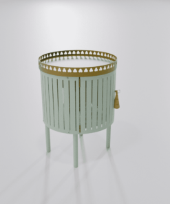 Chevet vert pastel de la collection Louis truc avec frise dorée et pompon vue gauche