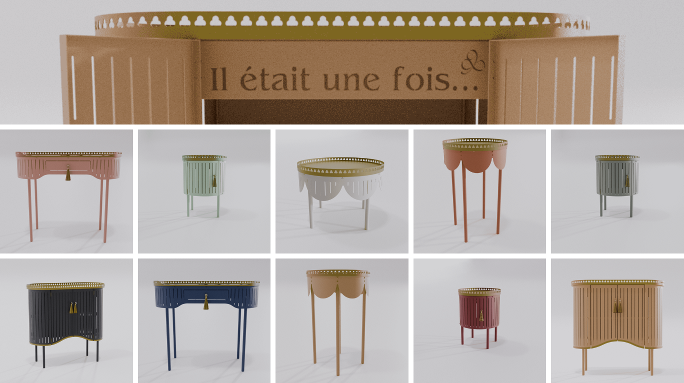 Meubles contemporains colorés de la collection Louis Truc : buffet, console, guéridon, chevet, table basse
