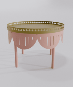 Table basse design rose de la collection Louis Truc avec finition dorée