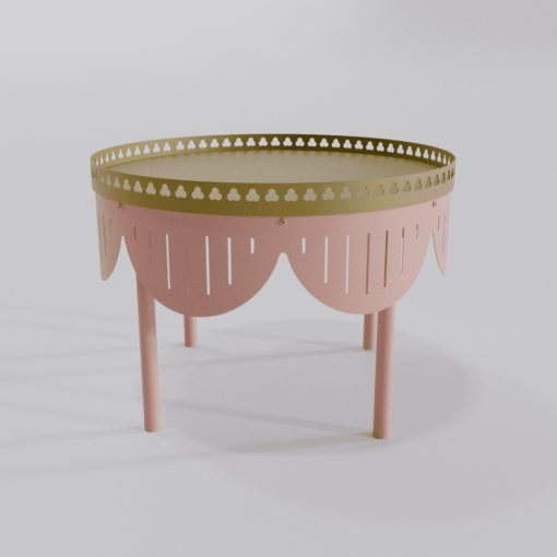 Table basse design rose de la collection Louis Truc avec finition dorée