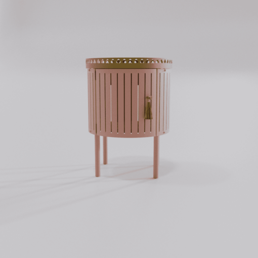 Table chevet moderne rose vue de face avec finition dorée et pompon, collection Louis Truc