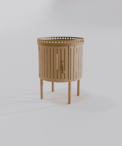 Table de chevet de couleur beige brun avec finition dorée et pompon vue de droite