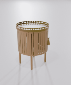 Table de chevet de couleur beige brun avec finition dorée et pompon vue de gauche