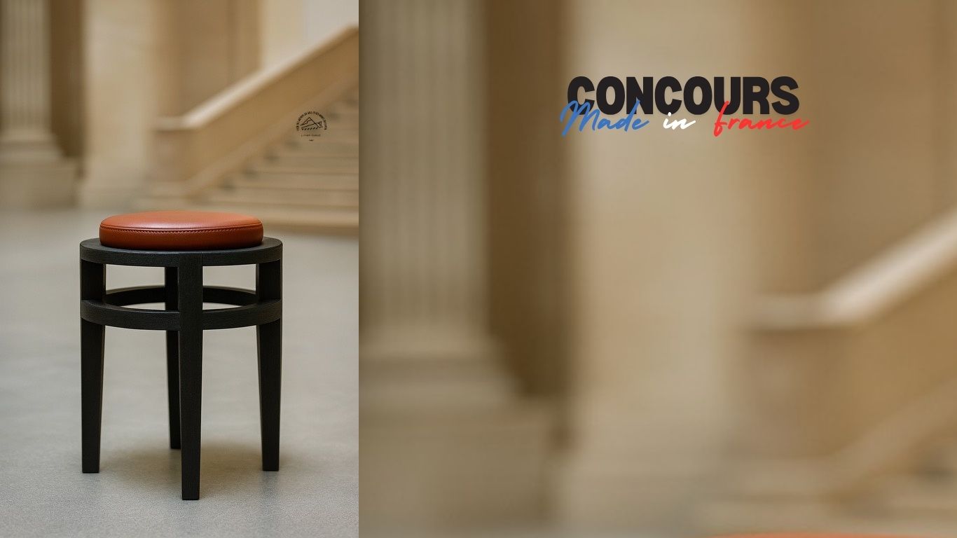 Tabouret avec assise en cuir à gagner réalisé avec la collaboration des étudiants de lycée de Murat